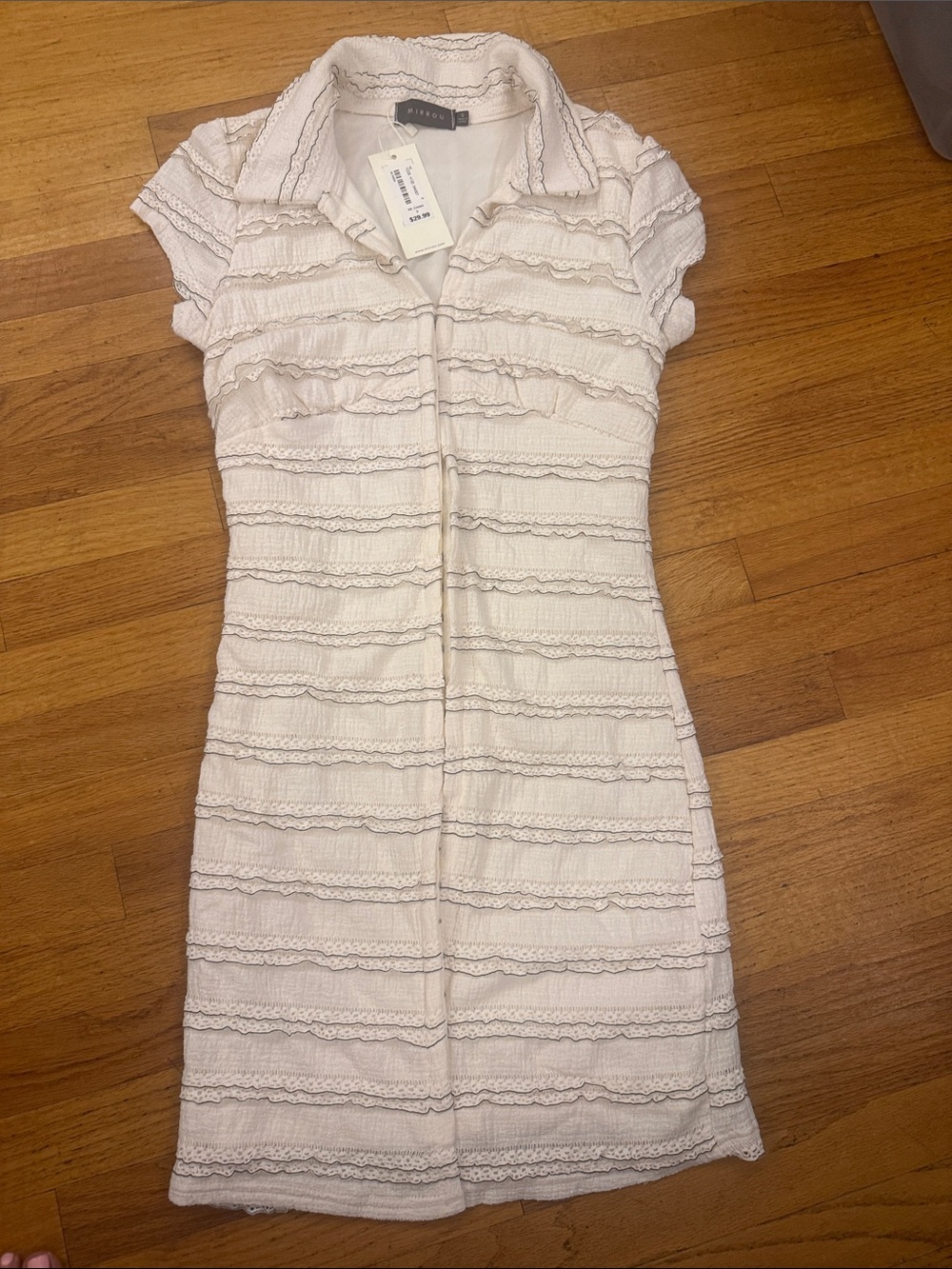 Mirrou Hook and Eye Fitted Ivory Lace-Trim Shirt Dress with Collar Small NWT